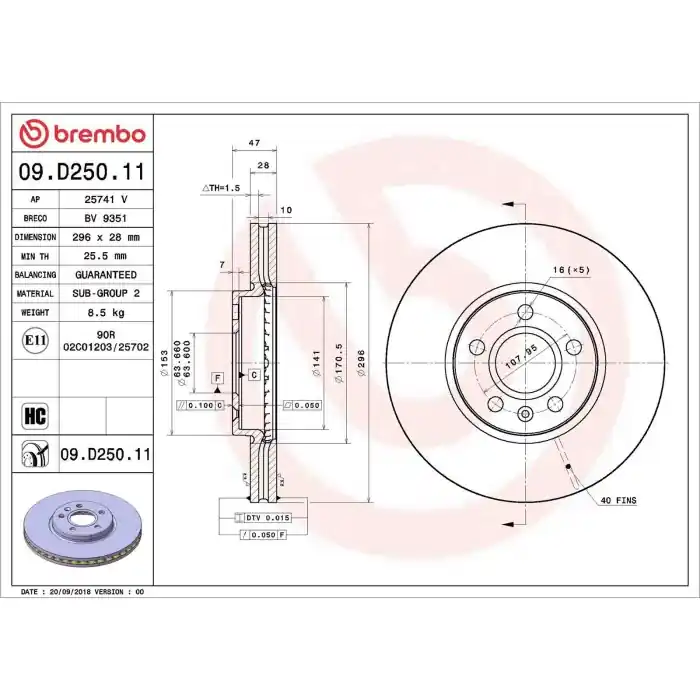 Coppia Dischi Freno 09.D250.11 BREMBO per VOLVO Ordina Subito